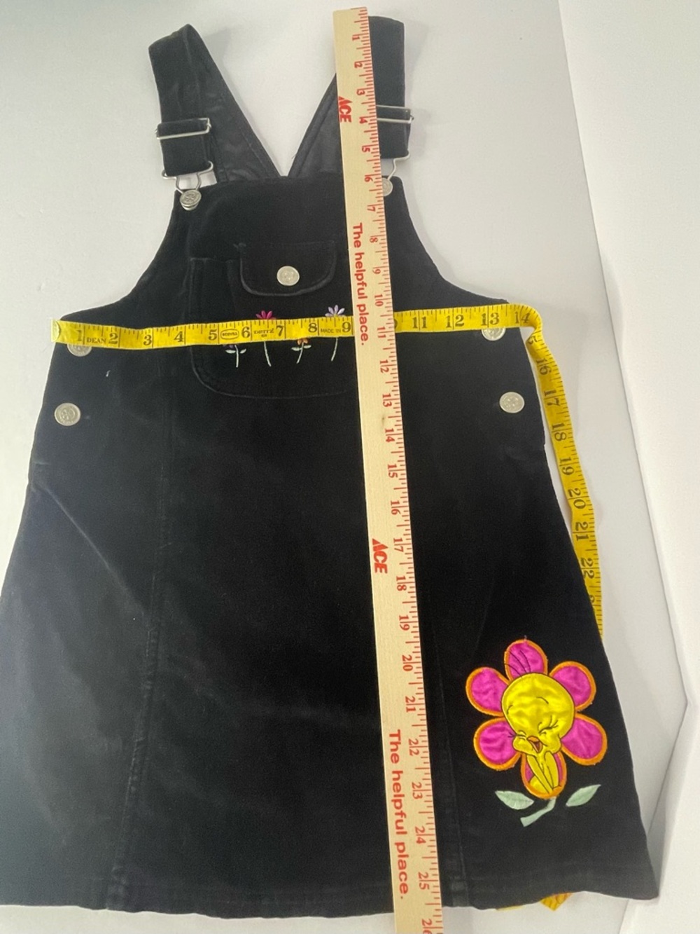 1998 Looney Tunes Tweety Bird Soft Black Velvet Bib Overalls Jumper Dress 7/8 - Picture 12 of 12
